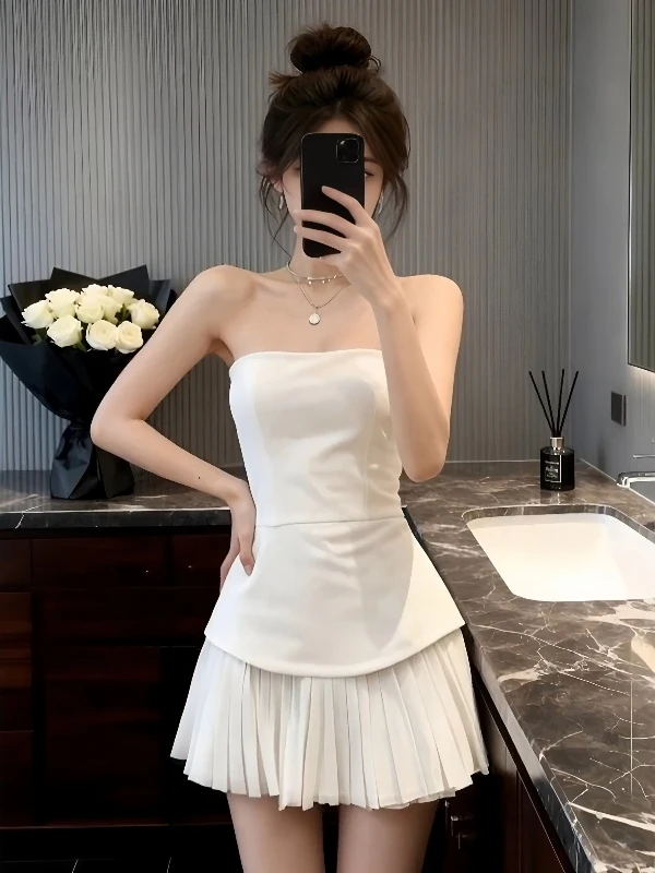 

White One-oulder Bridesmaid Dr Women's Slim Fit ort Skirt Autumn Winter Sexy Ele Splicing Pleated Vest Dr