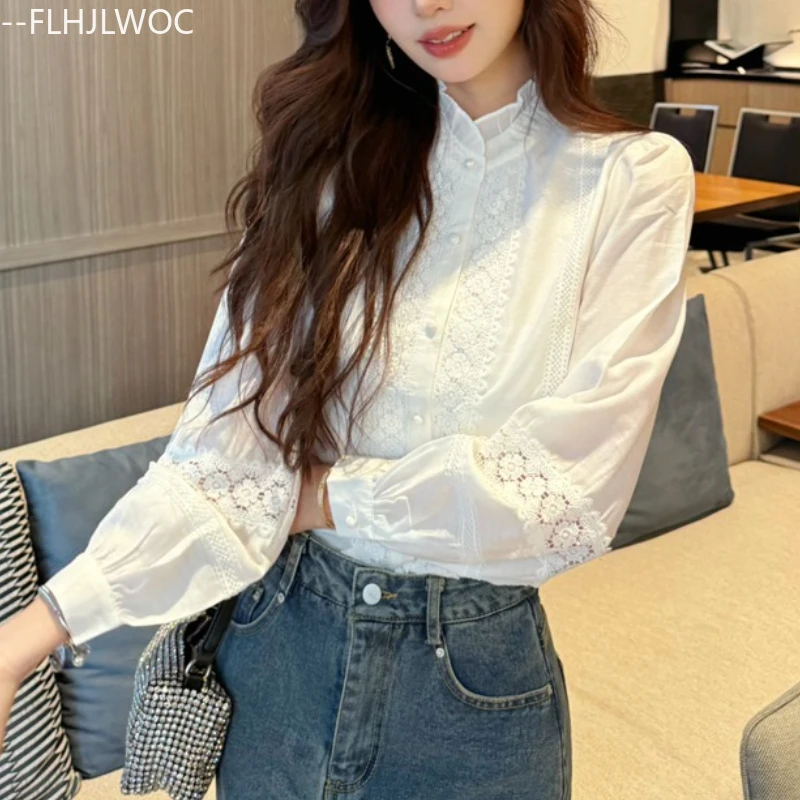 Floral évider Crochet dentelle hauts Blusas 2025 mignon doux filles Chic corée vêtements col montant rétro Vintage femmes chemise blanche