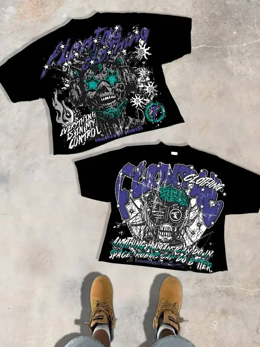 

Cyberpunk Skull And Brain Print Cotton T-Shirt For Men And Women Casual Streetwear