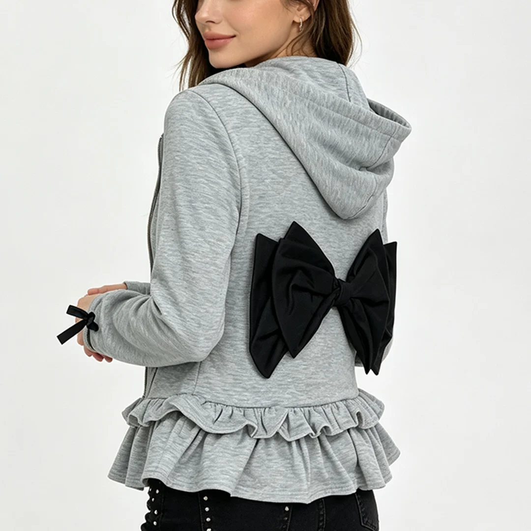 Autumn and winter new sweet and cool cat ear hooded zipper lace lace lace waist cinched lotus leaf hem flared sleeve hoodie