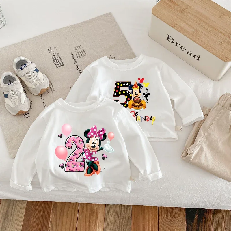 Minnie Mouse Children Birthday T-shirt Long-sleeved Tops Spring/autumn Clothing Kids Bottoming Shirt Crewneck Girl Blouse Gift