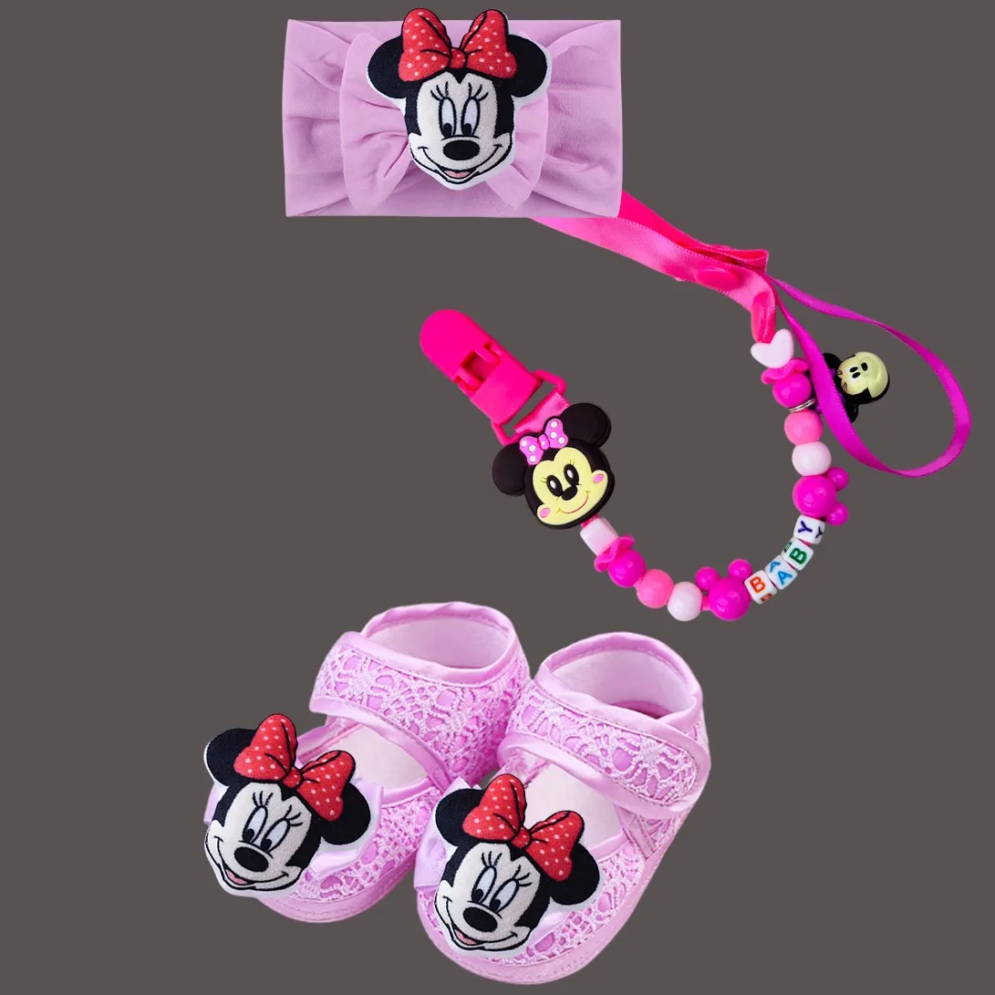 Sepatu Bayi Perempuan Mickey Mouse 3D Plush Head Kawaii, Set Headband dan Rantai Empeng, Sepatu Putri Berkilau untuk Bayi Baru Lahir