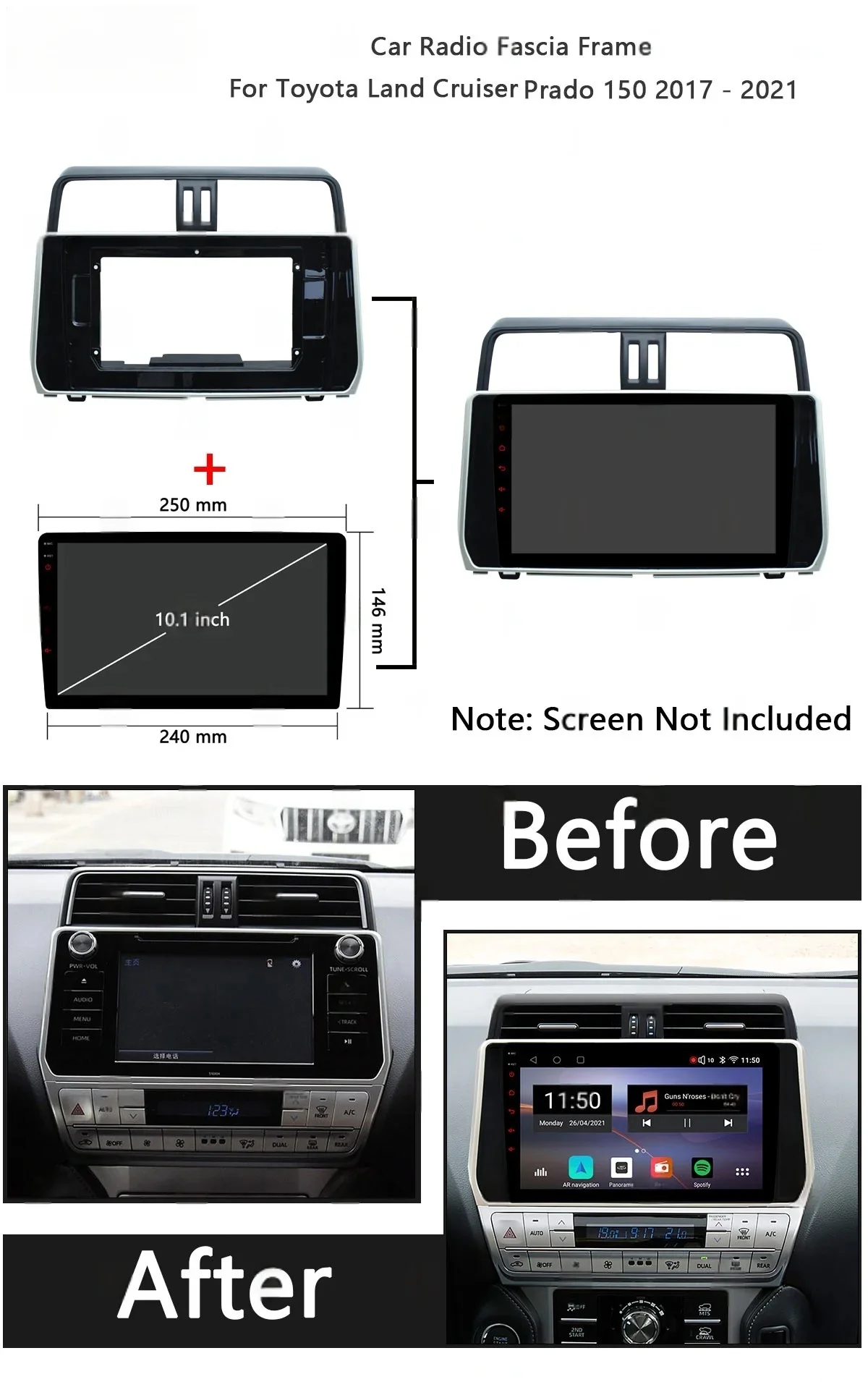Car Radio Fascias For Toyota Land Cruiser Prado 150 2017-2021 10 inch Stereo Panel Harness Power Cable Adapter Canbus Decoder