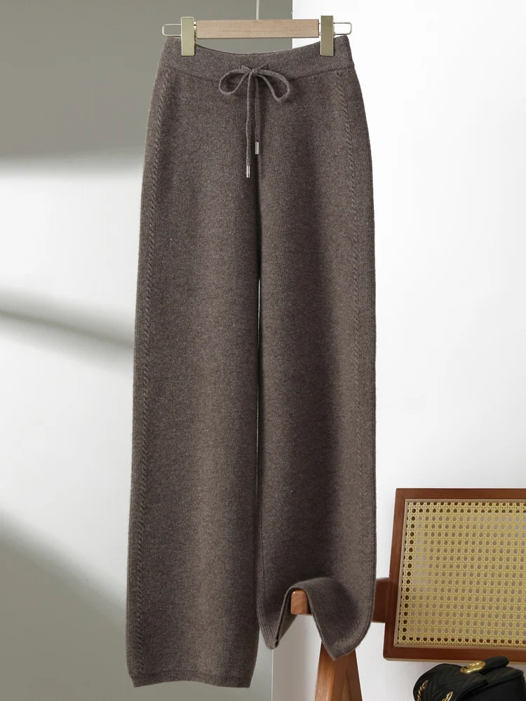 New Chic Women's 100% Merino Wool Knitted Twisted round-knit wide leg Pants Autumn Winter Soft Warm Thick Casual Style Trousers