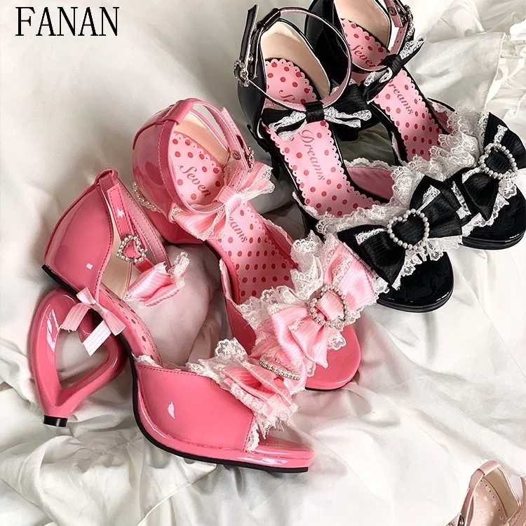 

Lolita Princess Style Heart High Heel Sandals for Women Summer Ladies Slippers Sweet Cute High-Heels Vintage Women's Shoes