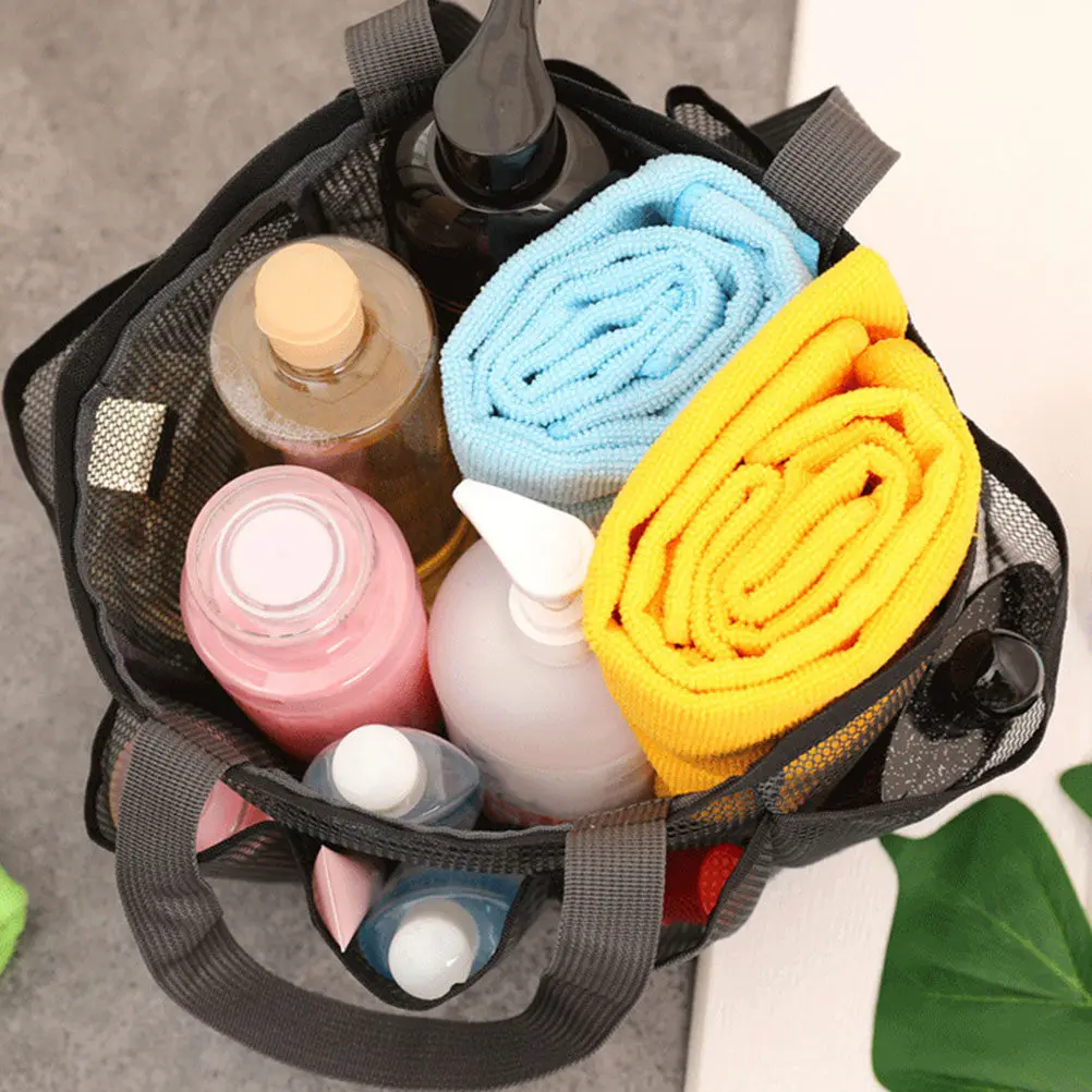 

Beach Mesh Tote Bag Black Large Capacity Multi- Mesh Travel Toiletry Storage Bag Portable Shower Organizer