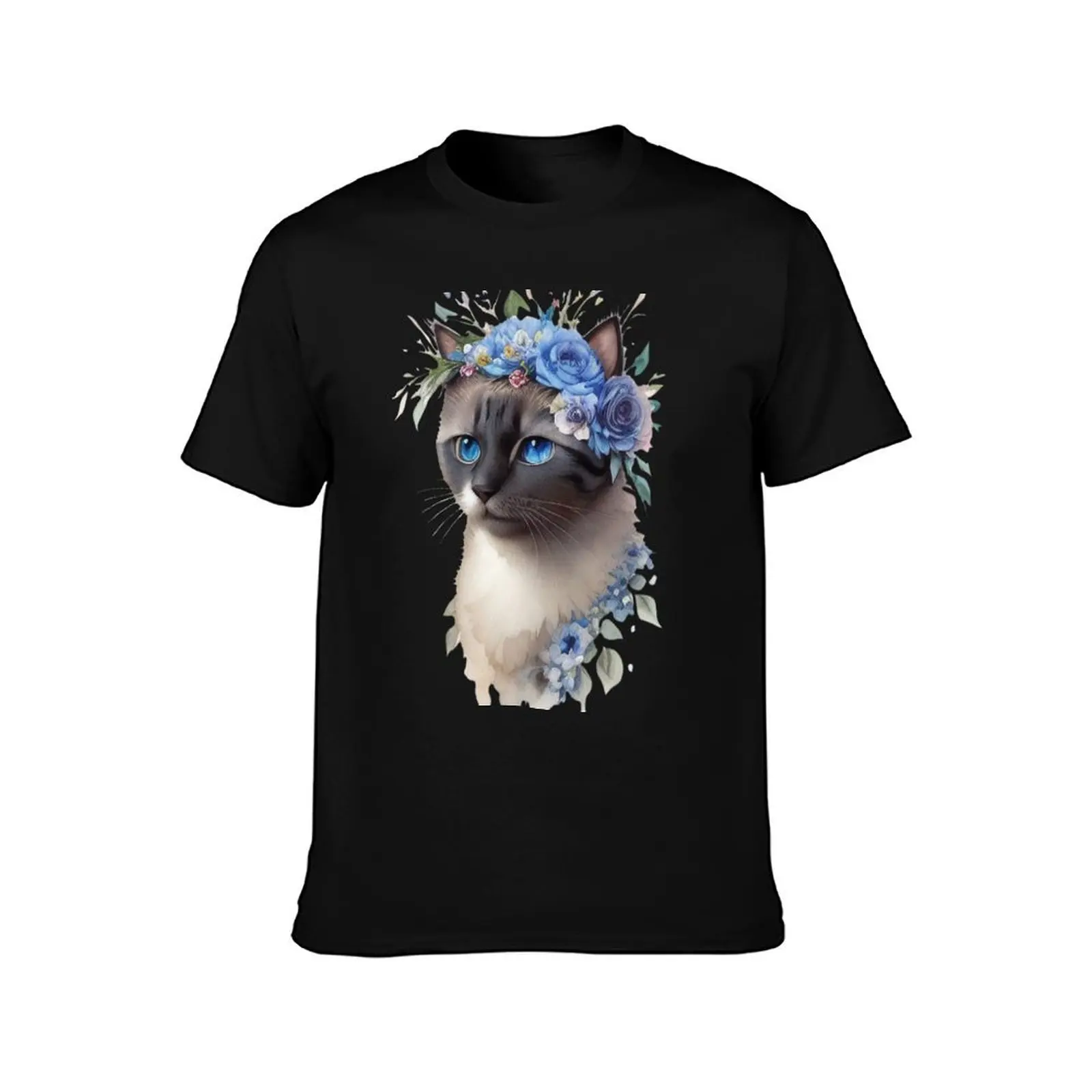 Cat with blue flower wreath T-Shirt Modern Print Casual T-Shirt