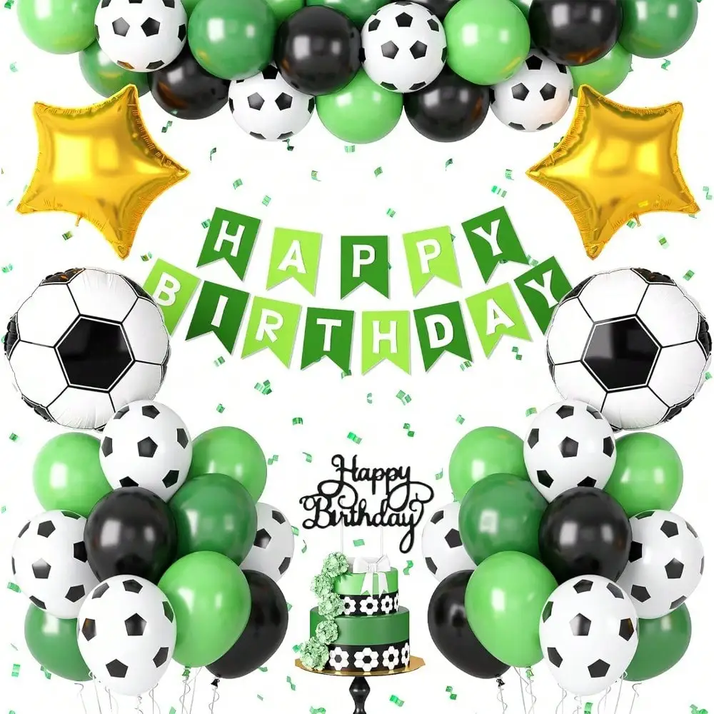 49 Pcs Decorations with Blue White Balloon Happy Birthday Banner Cake Toppers Foil Balloon Sport Theme Soccer Birthday Party