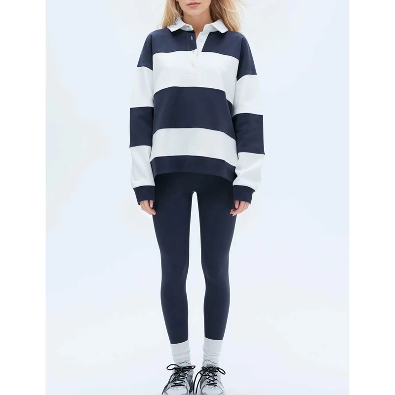 Womens Button Lapel Collared Oversized Sweatshirts Long Sleeve Y2k Striped Contrast Color Loose Pullovers Preppy Rugby T-Shirts