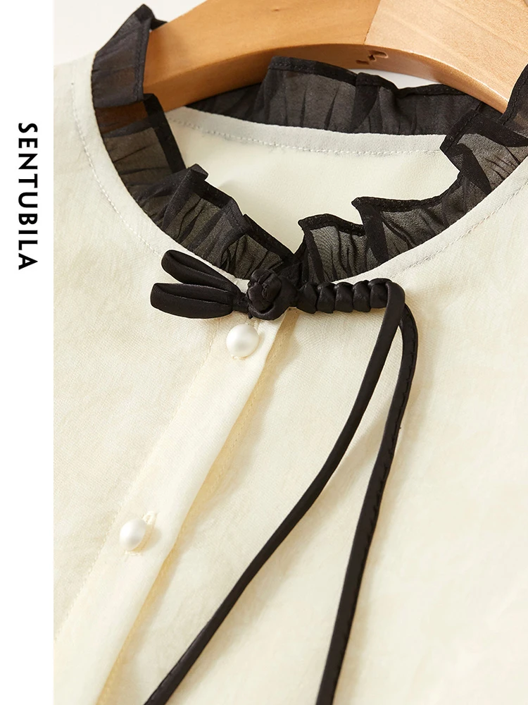 SENTUBILA レディース カジュアル シャツ 2025 秋 中国風 高級 ジャカード フリル ボタンアップ レディース ブラウス パーティー トップス 141C53085