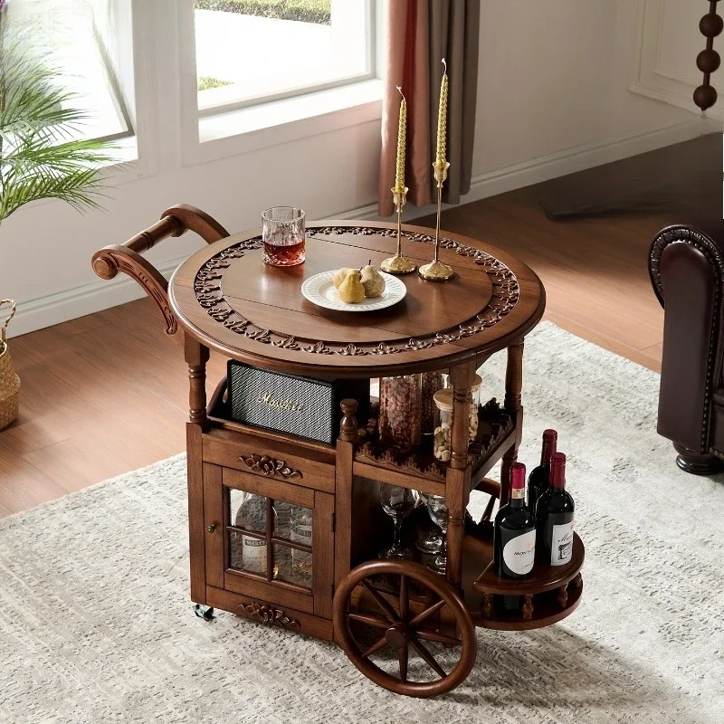 Solid wood dining car living room side French antique style movable double-layer small tea table retro dining side trolley