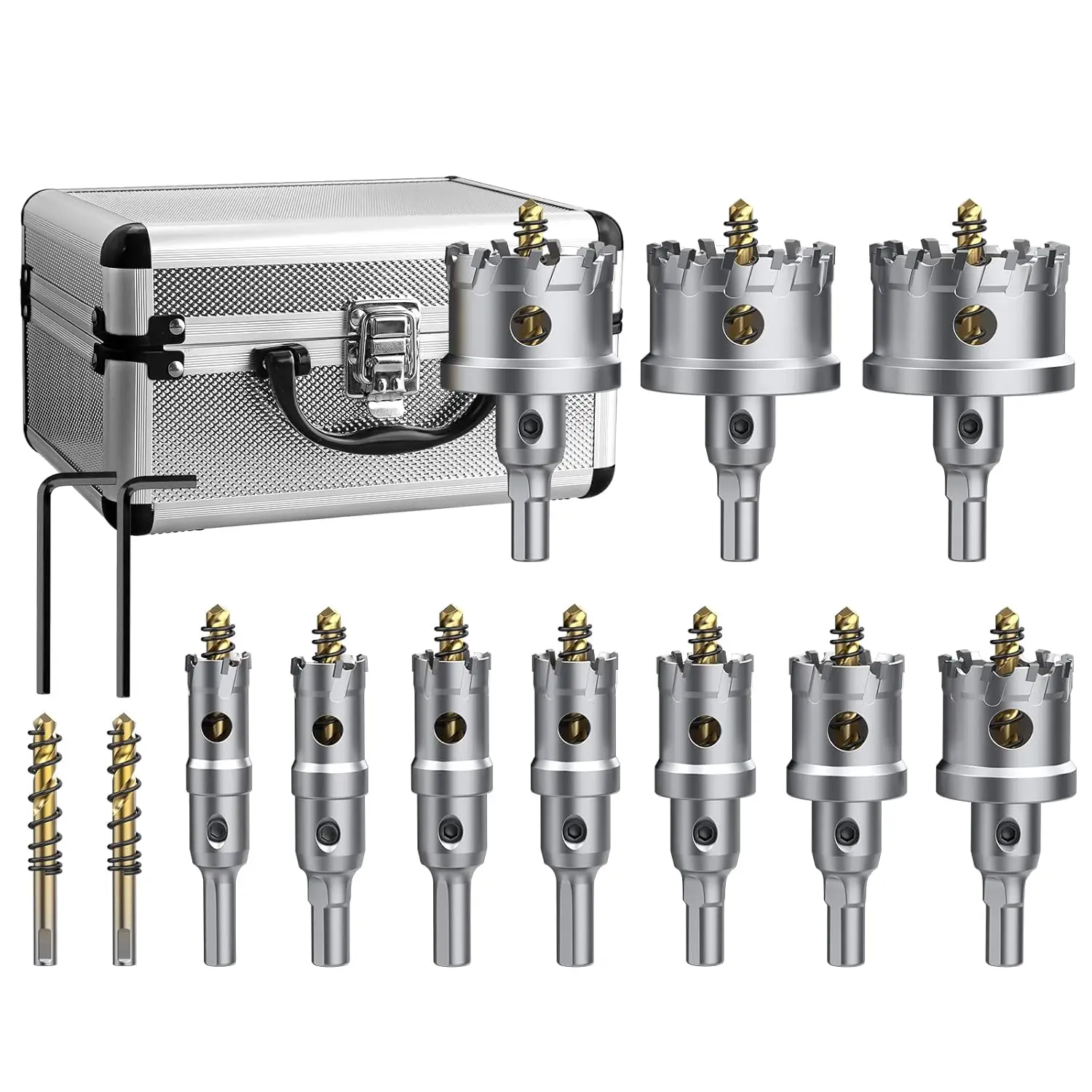 

10 шт. Набор сверл для кольцевой пилы TCT 16-53 мм, комплект кольцевой пилы из карбида вольфрама с центральной дрелью, L-образным ключом и ящиком для хранения стали