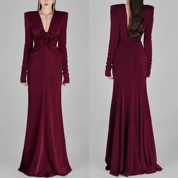 Robes longues personnalisées à fleurs faites à la main, velours formel, plissé, droite, col en V, sur mesure, occasion exquise, élégante