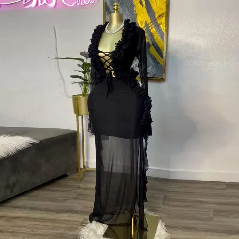 Fashion Women Set Mesh Full Sleeve Street Sweet Crop Tops Shirts + Long Skirts Suits  Ruffles Two 2 Piece Sets Dress