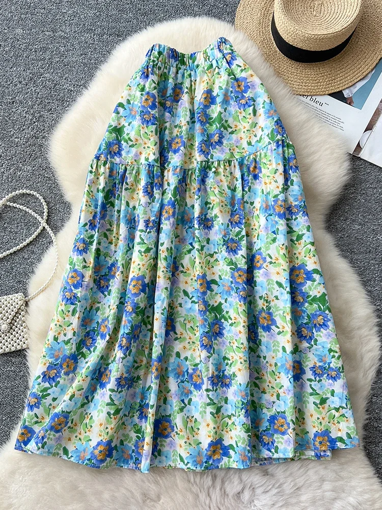 

Лето 2022, корейская полуюбка с высокой талией для женщин, эластичная талия, свободная повседневная универсальная полуюбка трапециевидной формы с цветочным принтом, женская C212