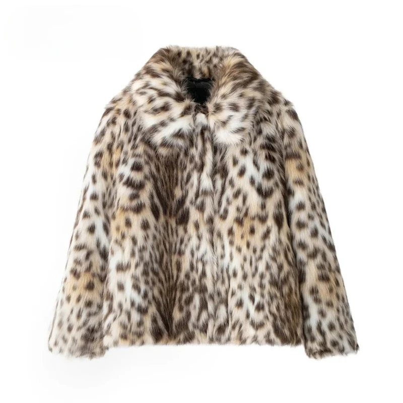 traffic 2024 Women Fashion Leopard Print Faux Fur Loose Warm Coat Female Lapel Long Sleeves Side Pockets Casual Slim Winter Coat