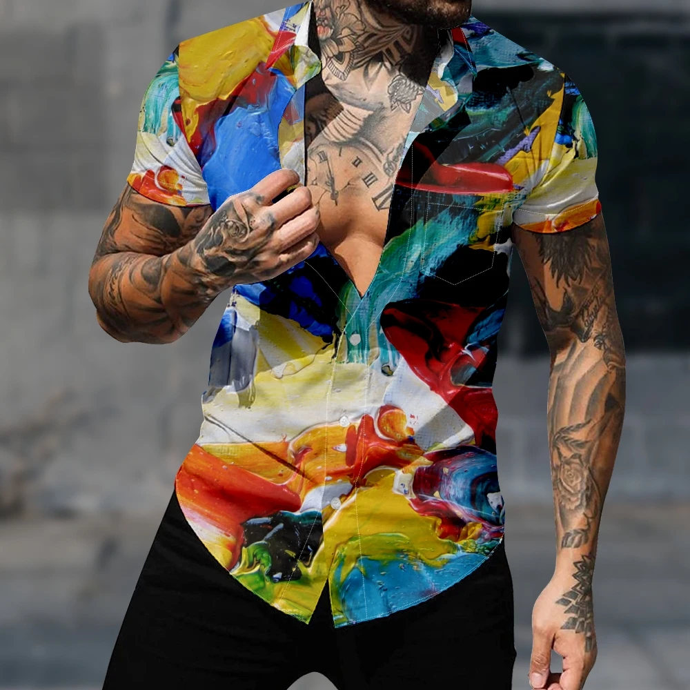 

Men's Fashion Hawaiian Style Oil Painting Pattern Shirt 3D Print Cozy Casual Short Sleeve Beach Oversized Clothes 8