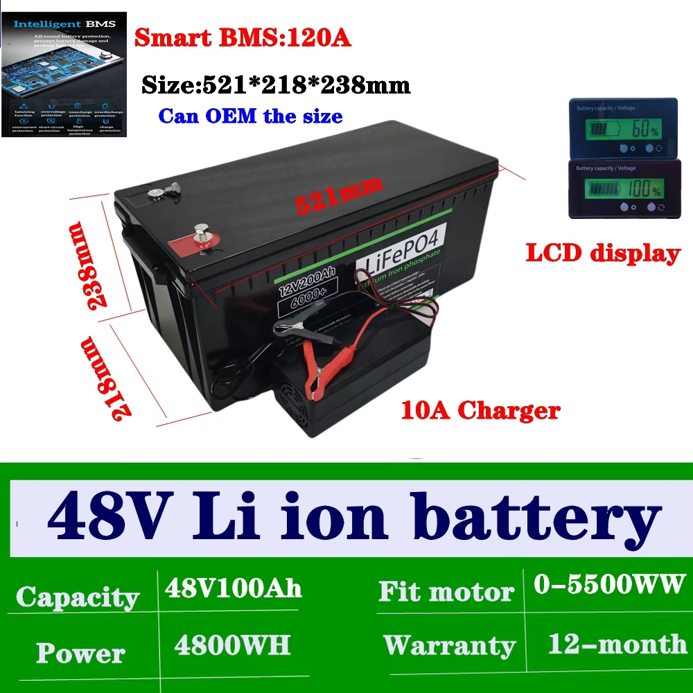 48v150AH lithium-ion  Replace power battery 48v100Ah BMS 5kwh 7kwh for Golf cart backup RV EV inverter Solar System +10A charger