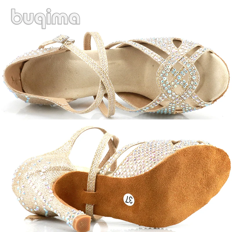 

Buqima Rhinestone Latin Dance Shoes Tango Ballroom Dance Shoes Ladies High Heels Soft Sole Women Sandals Wedding Shoes Women