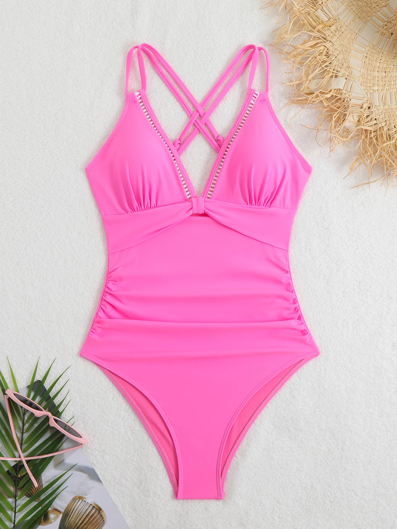 2025 New Sexy V-Neck One Piece Swimsuit For Women Cross Backless Swimwear Female Bodysuit Bathing Suit Beachwear Swimming Suit