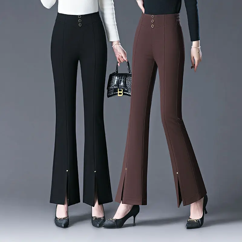 Koreańska moda Sping Autumn Flare Pants Women New Solid Button Pocket Split Elastic High Waist Casual Slim Ankle Length Trousers