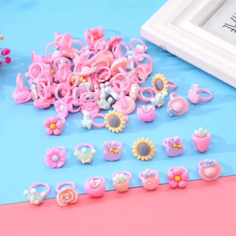 10pcs Mixed Cute Cartoon Rings For Children Fashion Colored Resin Flower Animal Adjustable Rings Jewelry Kids Girls Gifts