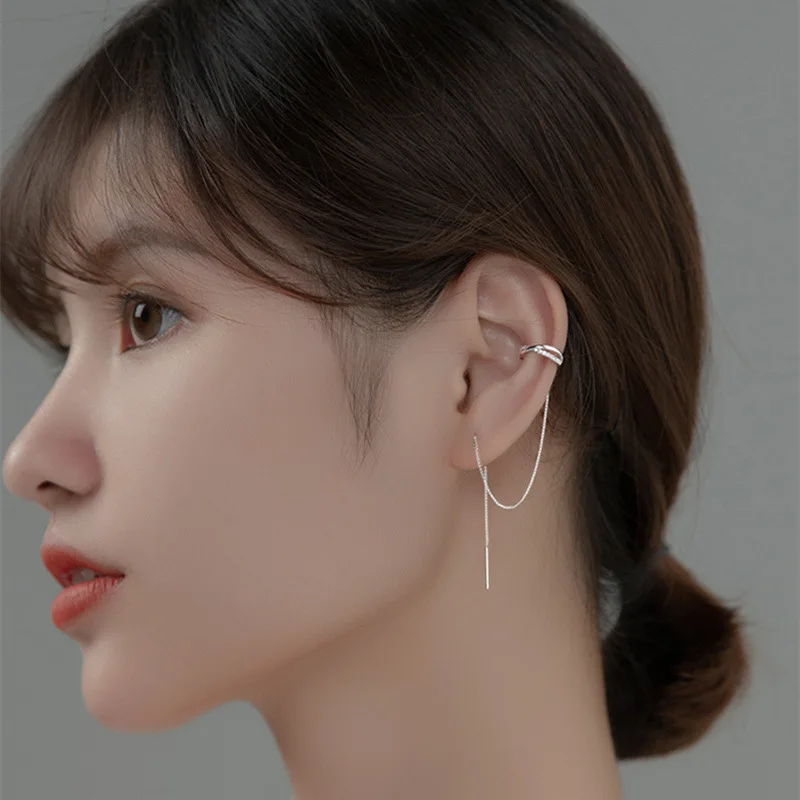 1Pcs Fashion Tassel Long Chain Ear Cuff Earrings Tassel Non-Piercing Zircon Cross Cuff Ear Clip Earring For Women Jewelry eh1134