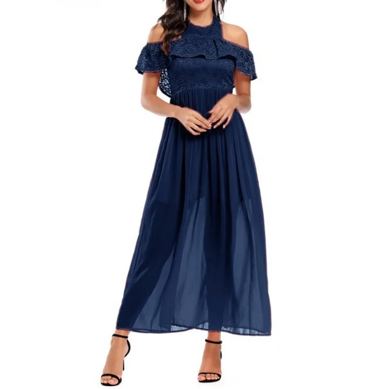 

2026 New Women's Navy Cold Shoulder Lace Chiffon Maxi Dress Vintage Short Sleeve Elegant Wedding Guest Bridesmaid Formal Dresses