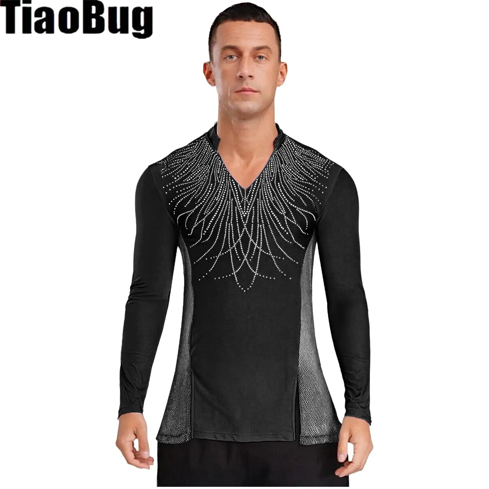 Heren Latin Ballet Dans Top V-hals Lange Mouw Zijkant Mesh Patchwork met Split T-shirt Top Danskleding voor Chacha Tango Ballroom