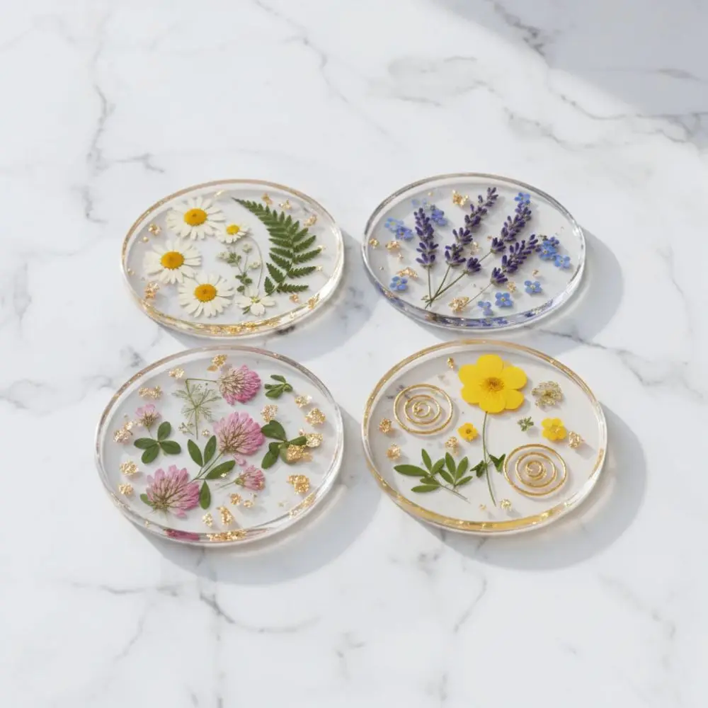 Clear Acrylic Coasters With Dried Flowers Botanical Style Table Mat Aesthetic Desktop Decor Kitchen Dining Accessory Pad