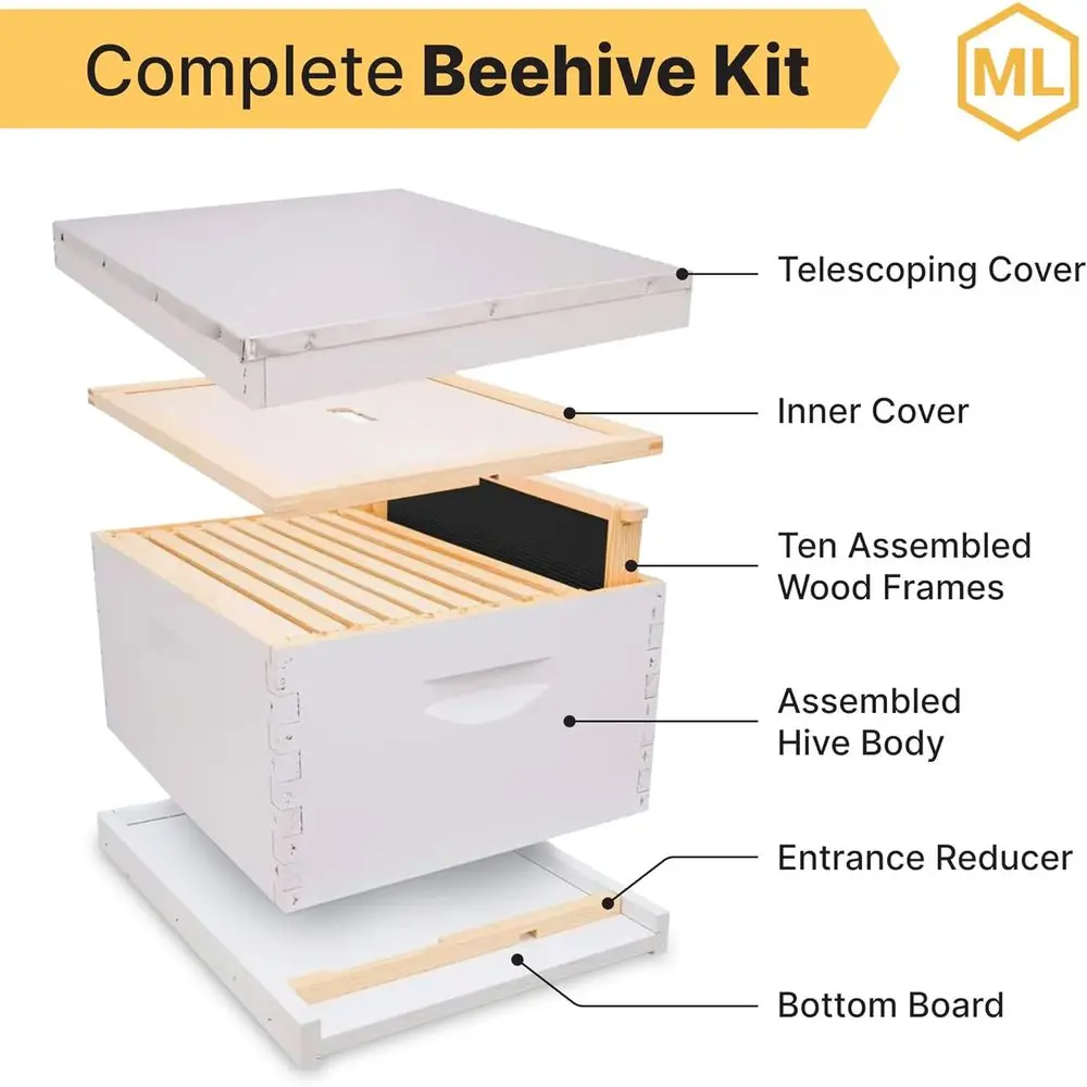 9.67 Deep Plastic Hive Kit with 10 Frames, Wax-Coated Wood Foundation, Weatherproof Telescopic Cover, Made in USA, Painted