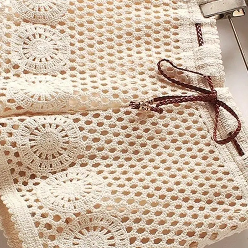 39bc algodão macio feminino cordão cintura renda shorts oco crochê malha maiô cobrir parte inferior para férias na praia