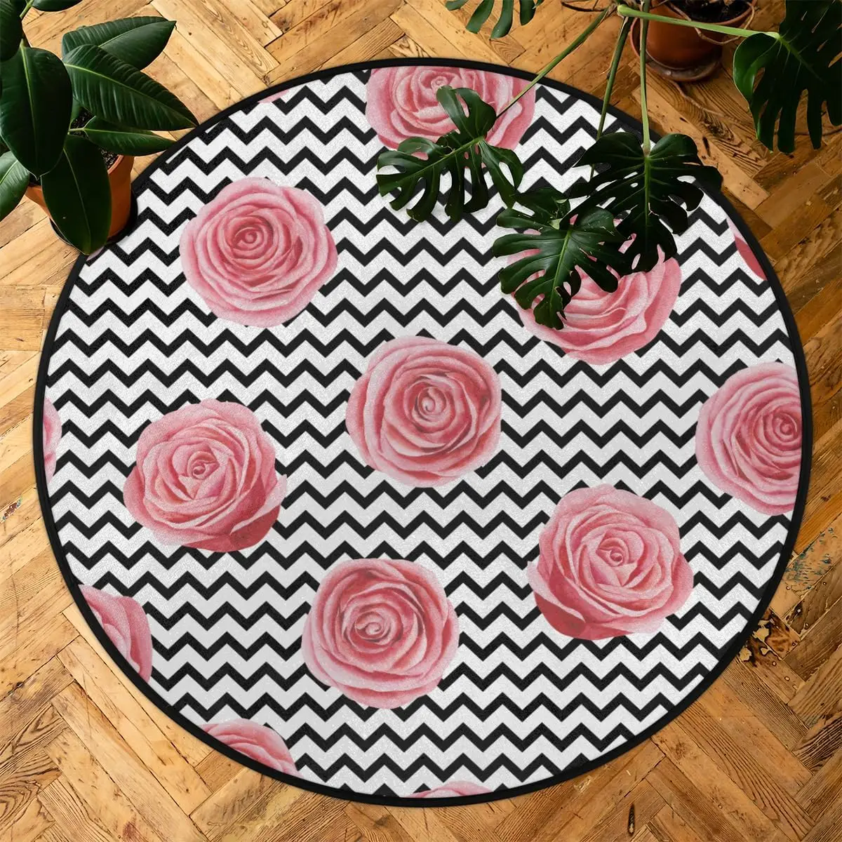 Flower Geometric Pattern Round Rug – Soft Washable Non-Slip Low Pile Mat for Kids Room, Bedroom & Bathroom