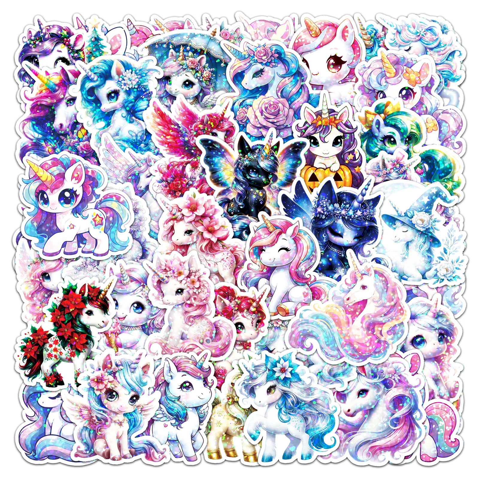 50Pcs Cute Laser Unicorn Cartoon Cute Waterproof Sticker Skateboarding Retro Home Decal Sticker