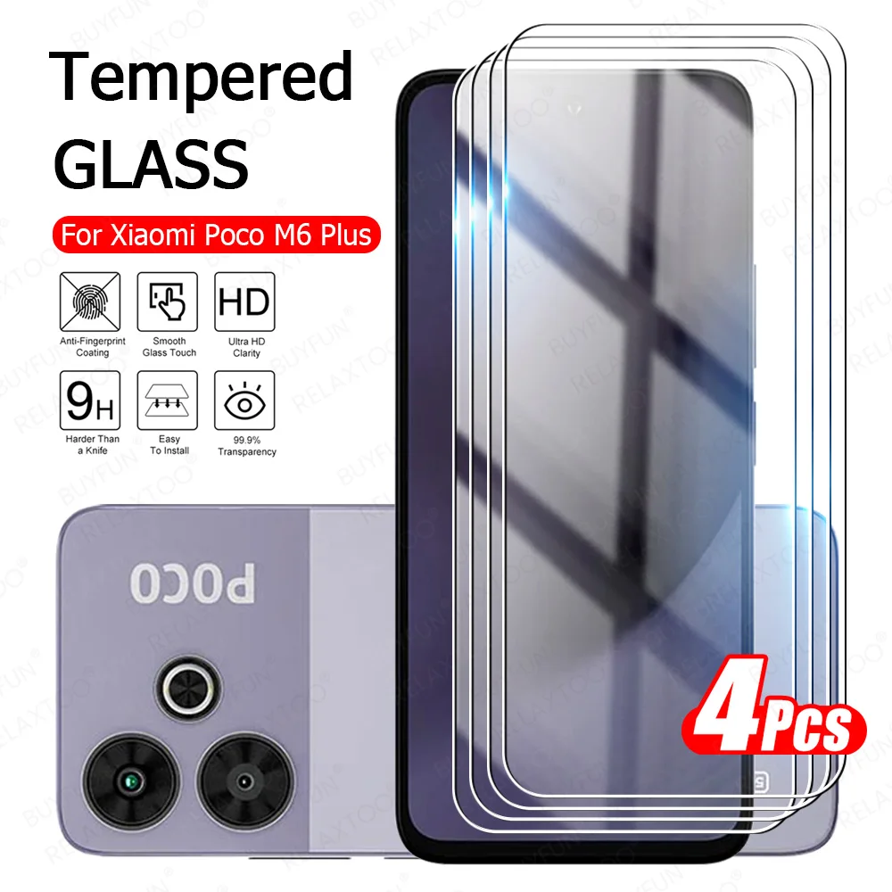 4pcs 9H Tempered Glass for Xiaomi Poco M6 Plus M 6 6plus pocom6+ 6.79'' Phone Screen Protector pocom6plus Safty Protective Film