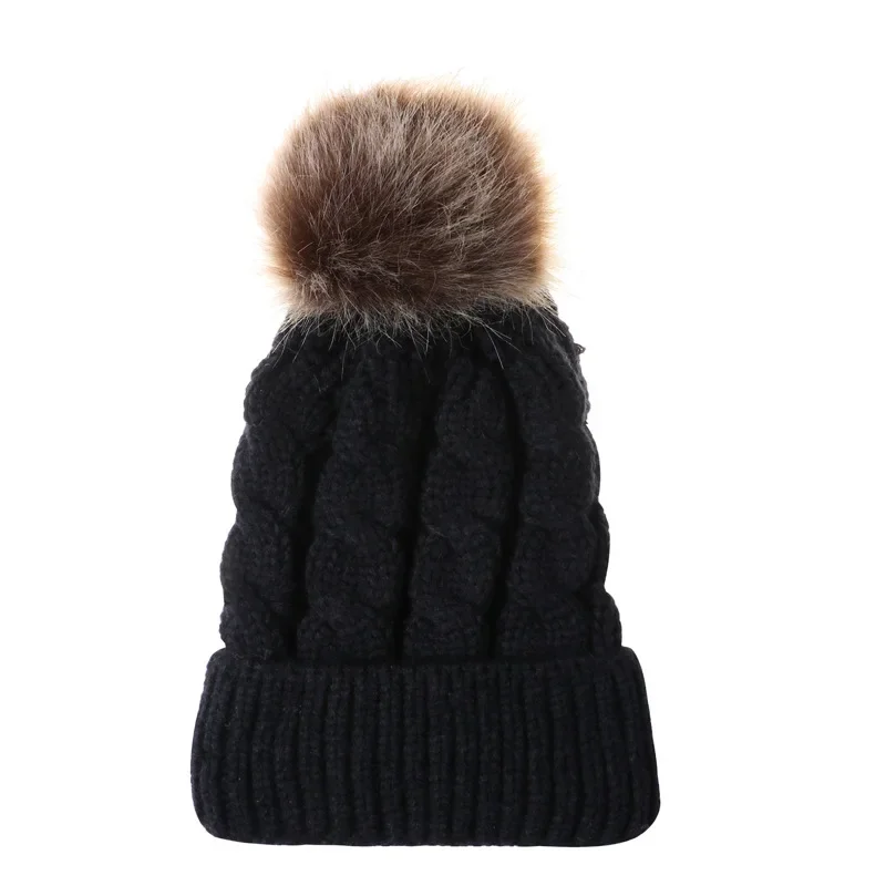 Autumn Winter Faux Fur Pompom Hat for Girl Boy Warm Cap Knitted Beanie Girl Ball Pom Pom Hats for Kid Mom & Children Bonnet