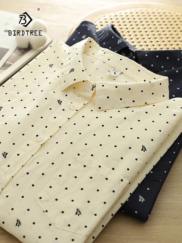 

New 2026 Spring Women Cotton Long Sleeve Shirt, Turn-down Collar Dot Print, Mori Girl Japan Preppy Style Loose Blouse T62525CC