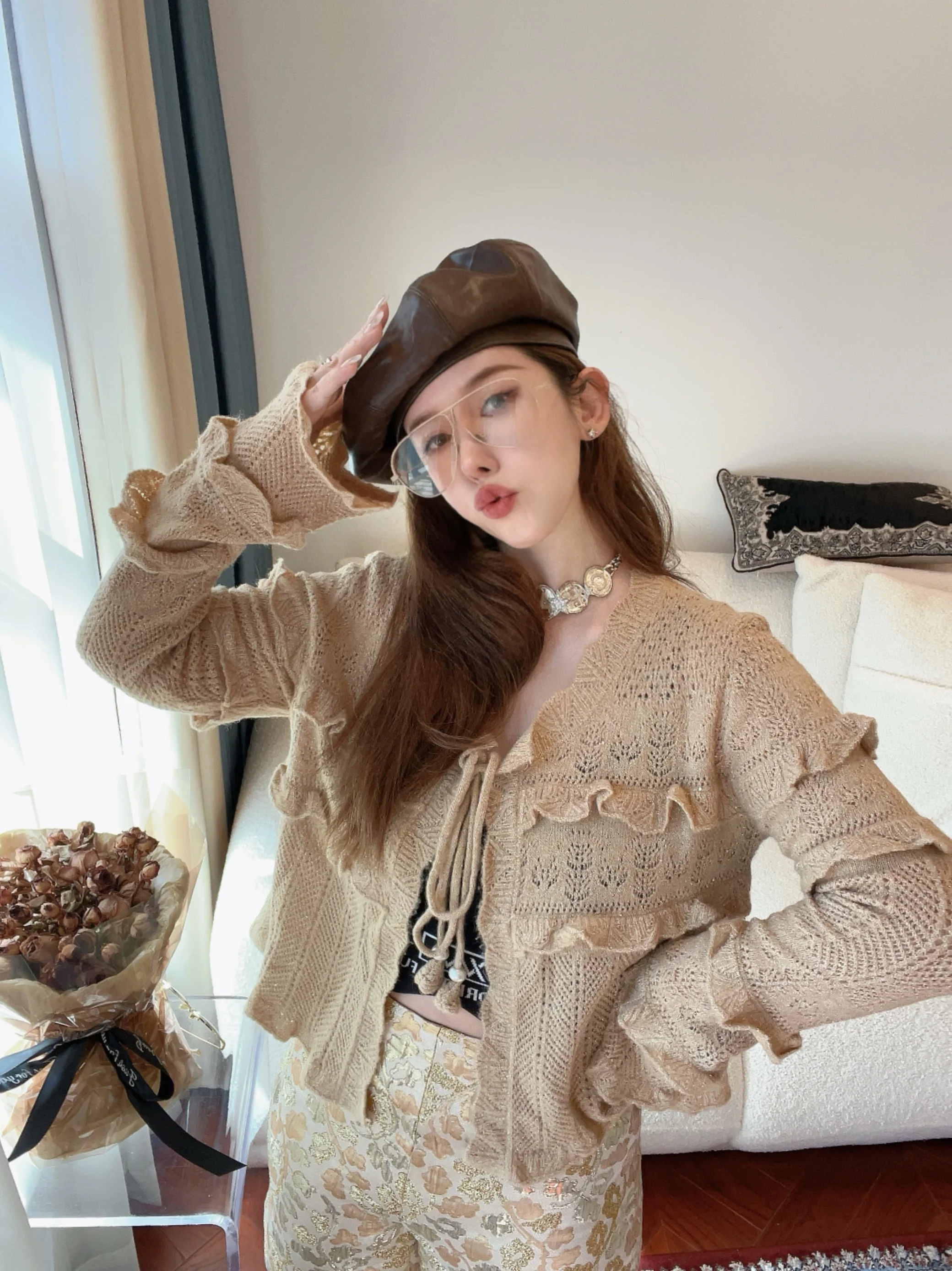 

Chic Gold Tead Hook Flower Beaded Vintage Open Cardigan ort Length Long Sve Silk Luster Knitted Sweater