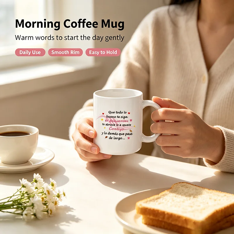 Spanish Warm Blessing Quote Ceramic Coffee Mug Cute Heart Star Flower Print White Porcelain Tea Cup Sweet Positive Wish Gift