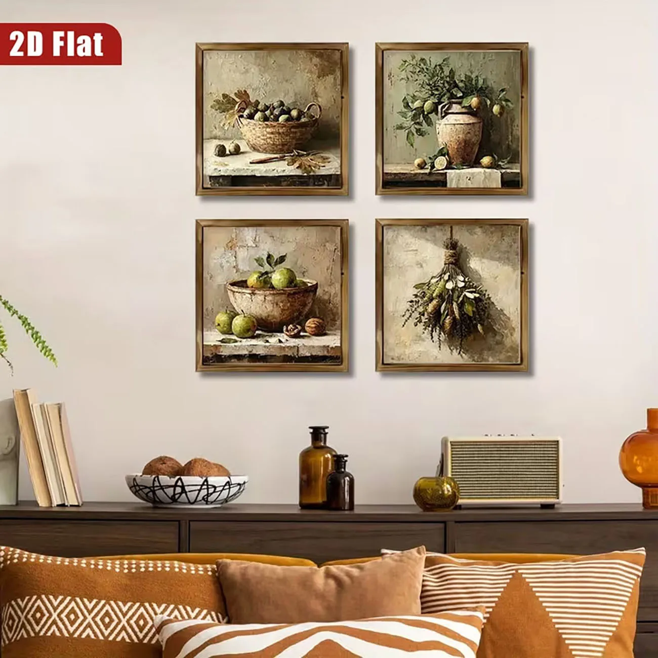 4 Pack Wooden Vintage Still Life Wall Decor Fruit Lemon Nut Print Nano Tape Drill Free Farmhouse Wall Ornament