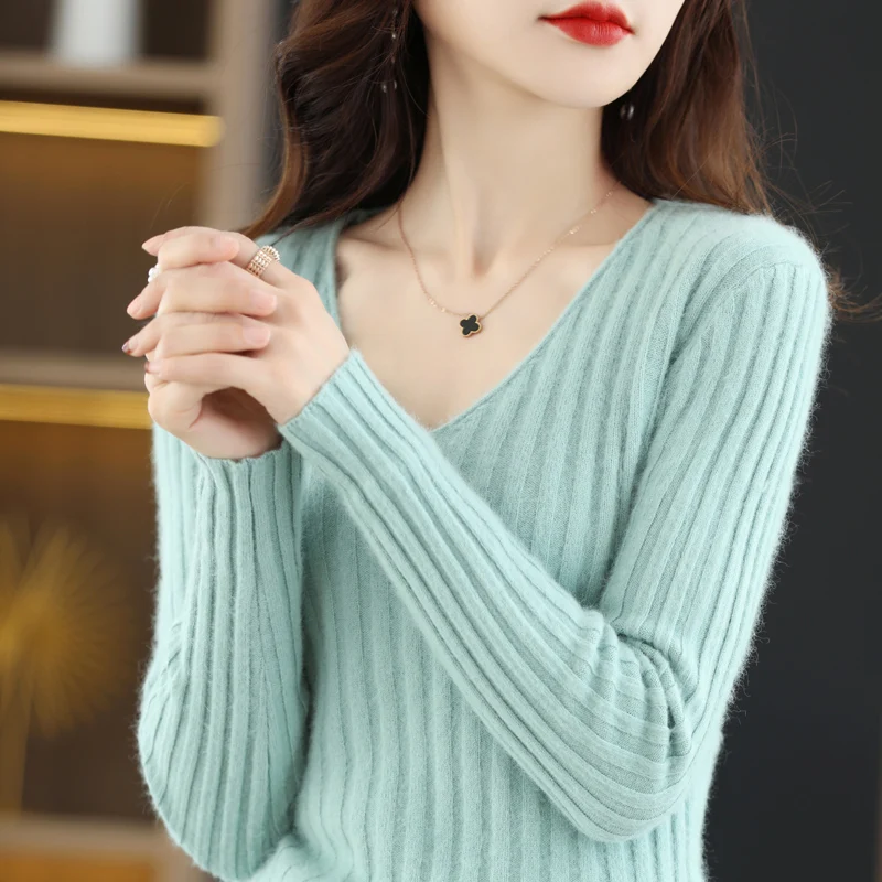 Flat V-Neck Pure Mink Cashmere Sweater Women\'s Long Sleeve Top Autumn and Winter Warm Loose Knit Pullover Solid Color Slim Base