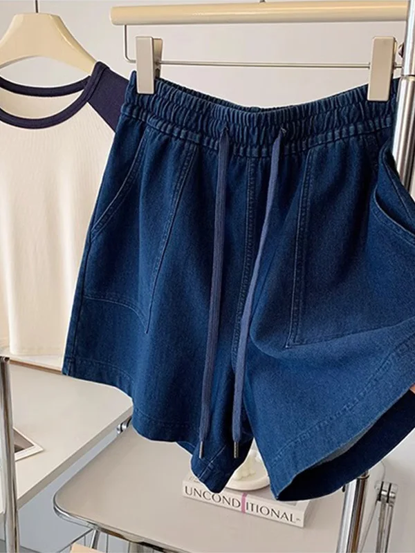 

High Waist Drawstring Denim Shorts Women's Summer Thin Wide Leg Pants Five-Point Pants plus Size Ladies