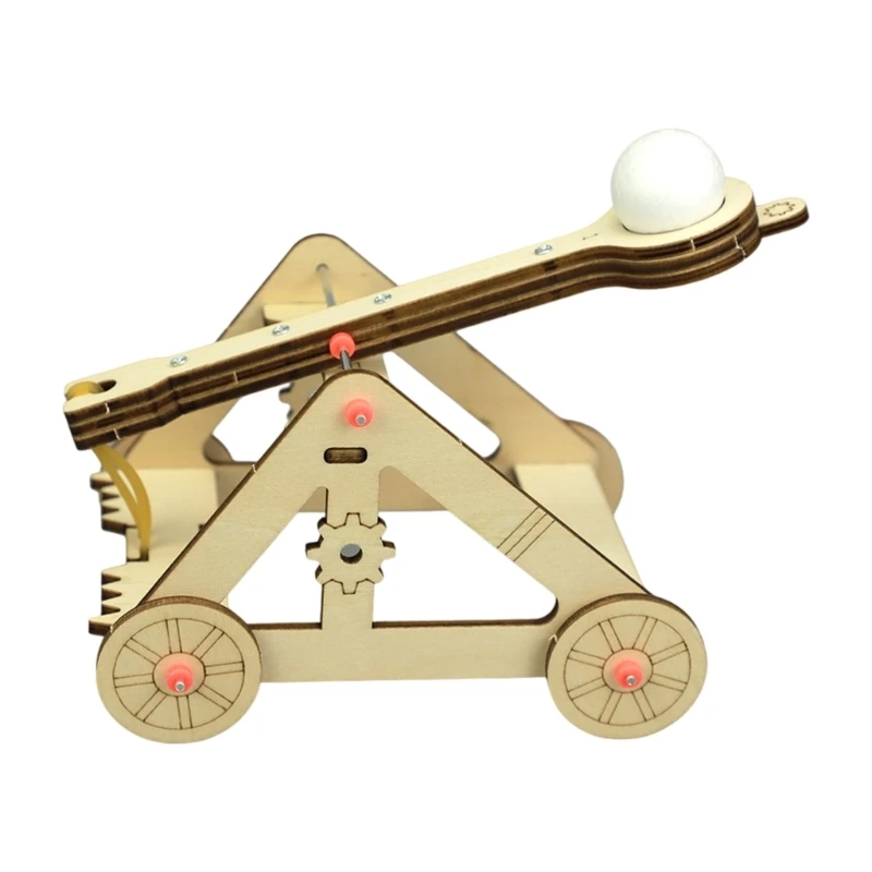 Wooden Catapult Model Kits with Layered Building Panels, Pivoting Launching Arm and Wheeled Frame for Classroom 15UB