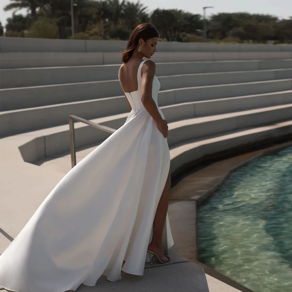 Simple Square Wedding Dresses Sleeveless High Slit Half Open Back Bridal Growns Floor Length A Line Satin Vestidos De Novia 2024