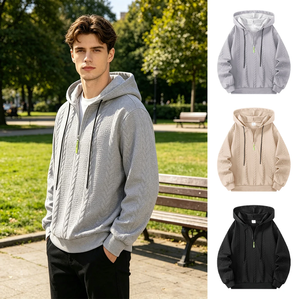 Men's Cable Knit Half Zip Hoodie Solid Color Loose Fit Casual Drawstring Pullover Autumn Everyday Fitness Commute Sweatshirt