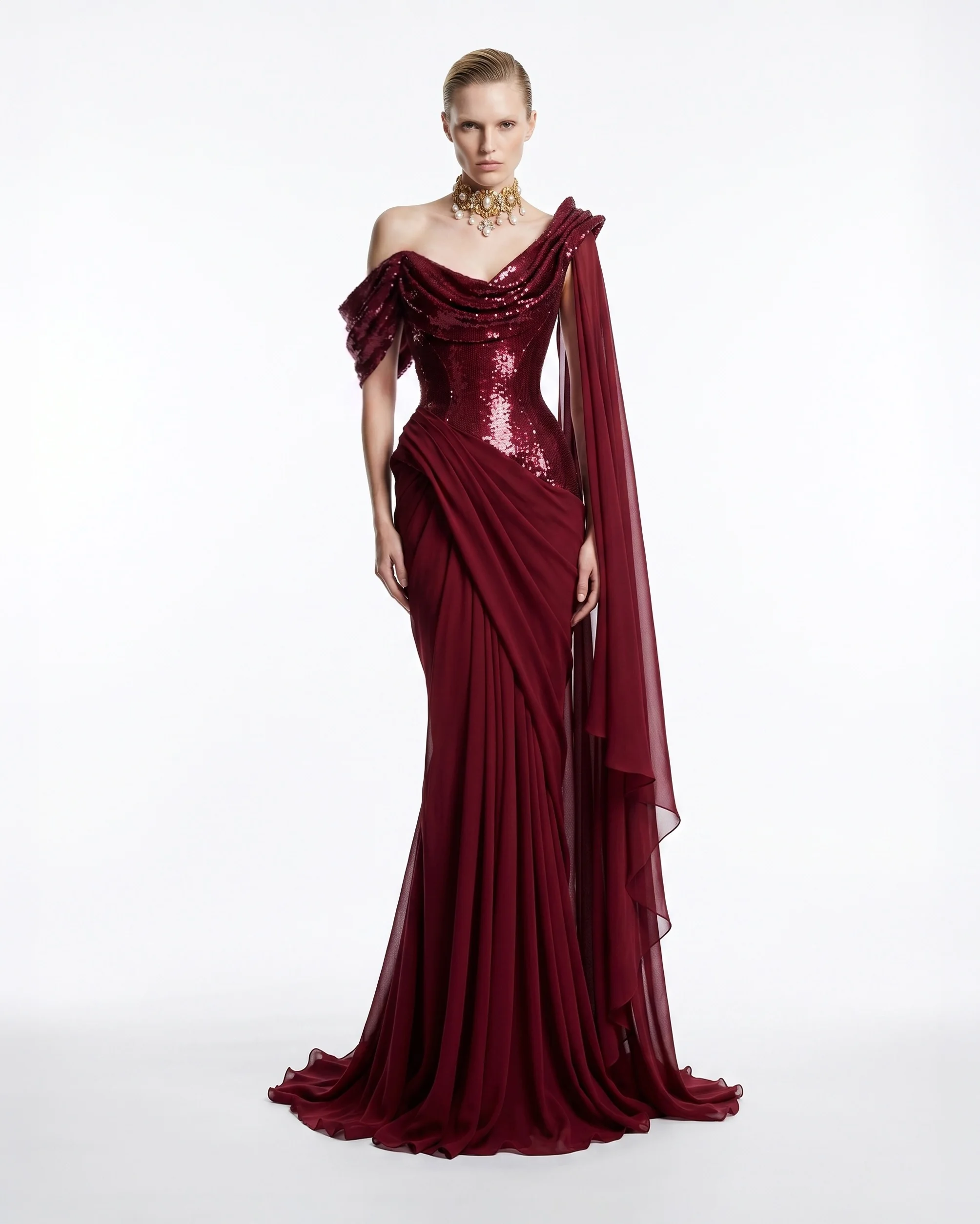 Customized Luxurious Burgundy Off the Shoulder Evening Dresses Chest with Sequins Watteau Train Mermaid Formal Prom Party Gowns