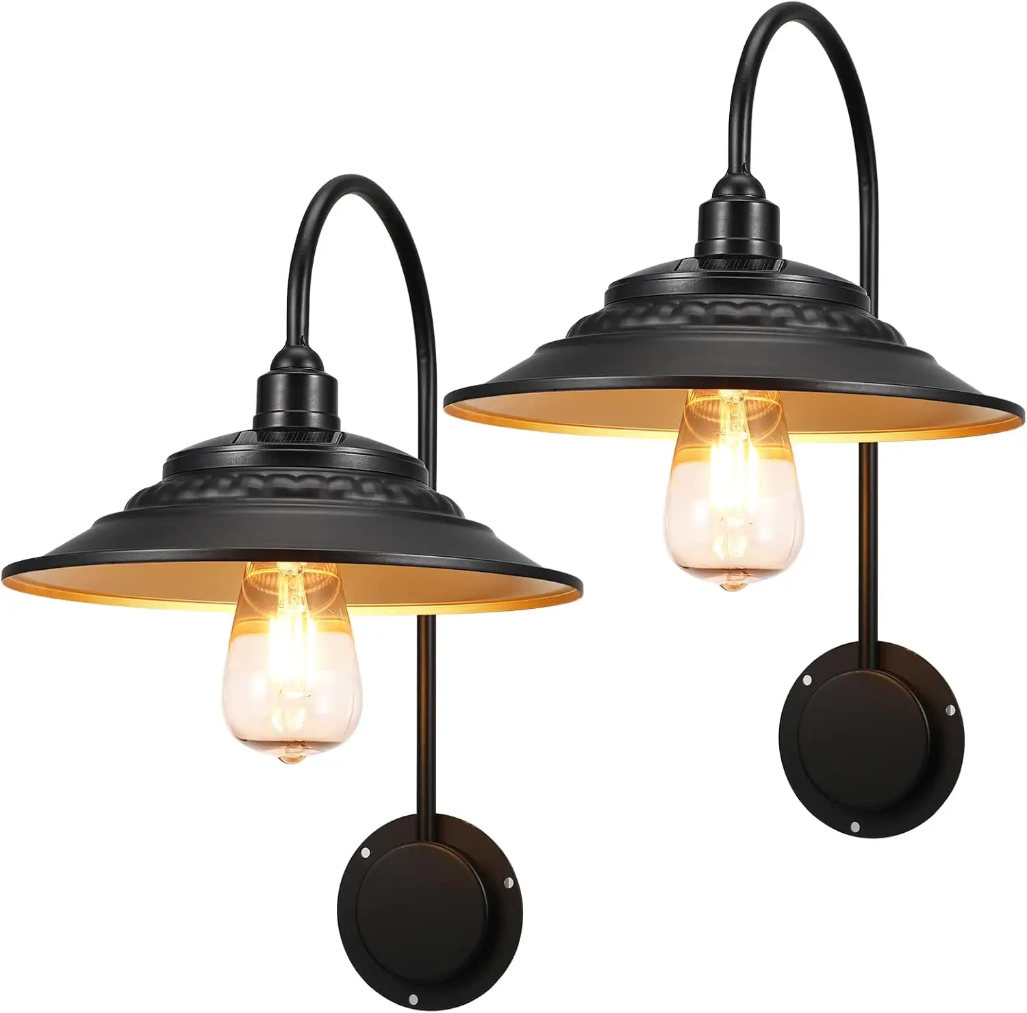 

Upgraded Solar Barn Lights, 2PCS Waterproof Rustic Metal Gooseneck Wall Fixtures with Gold Interior for Outdoor Use