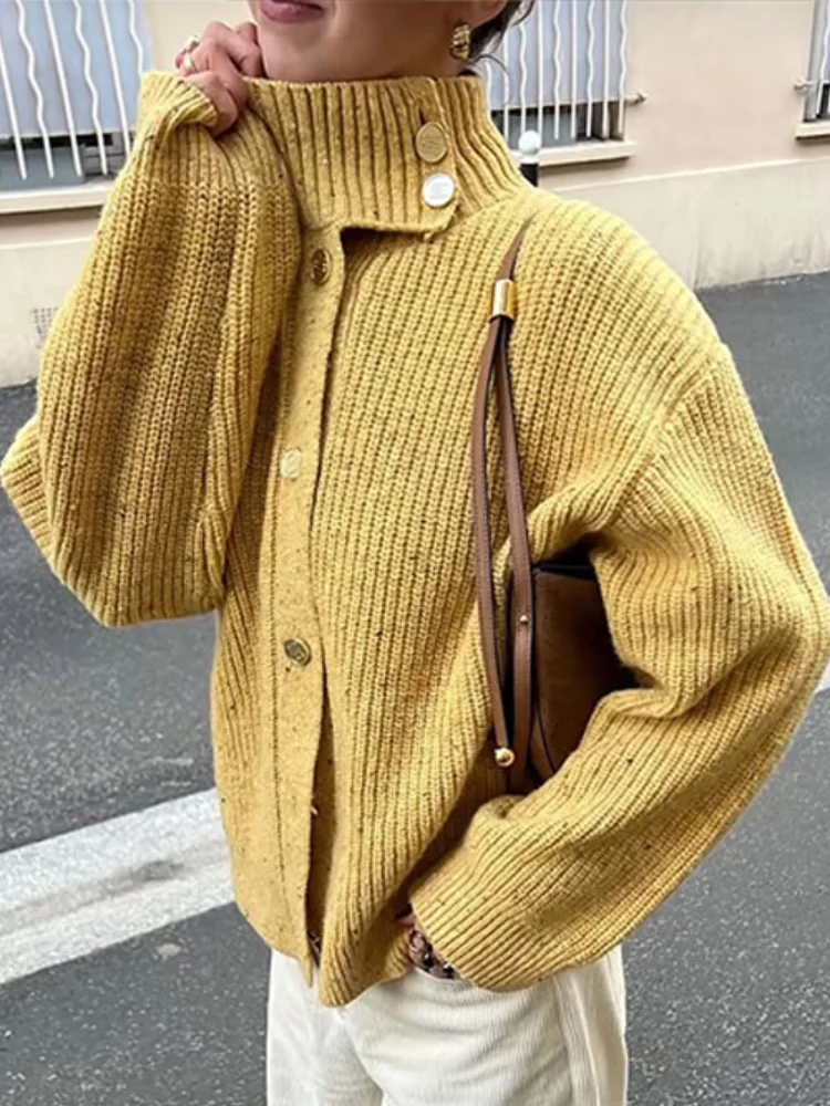 Fashion Solid Knitted Women's Cardigan High Neck Single Breasted Long Sleeved Loose Sweater Casual Autumn Winter New Street Wear