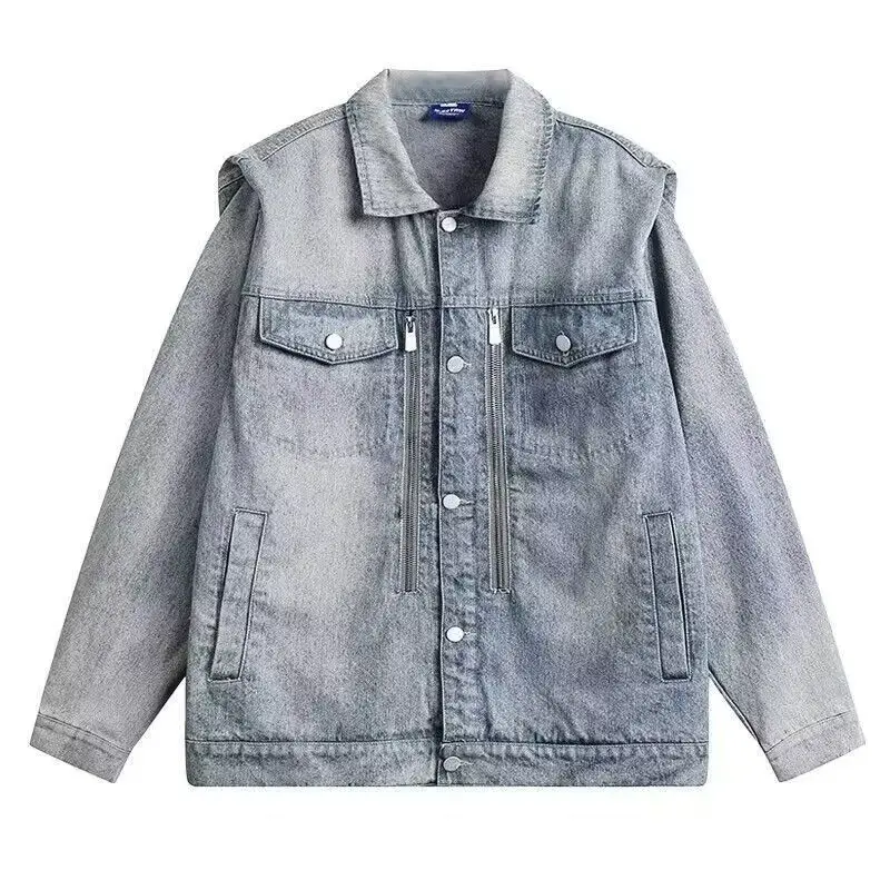 

Waed Blue Denim Jaet Loose Fit ex Spring Autumn Faionable Vintage oulder Pad Jeans Coat Youth ular Polyester