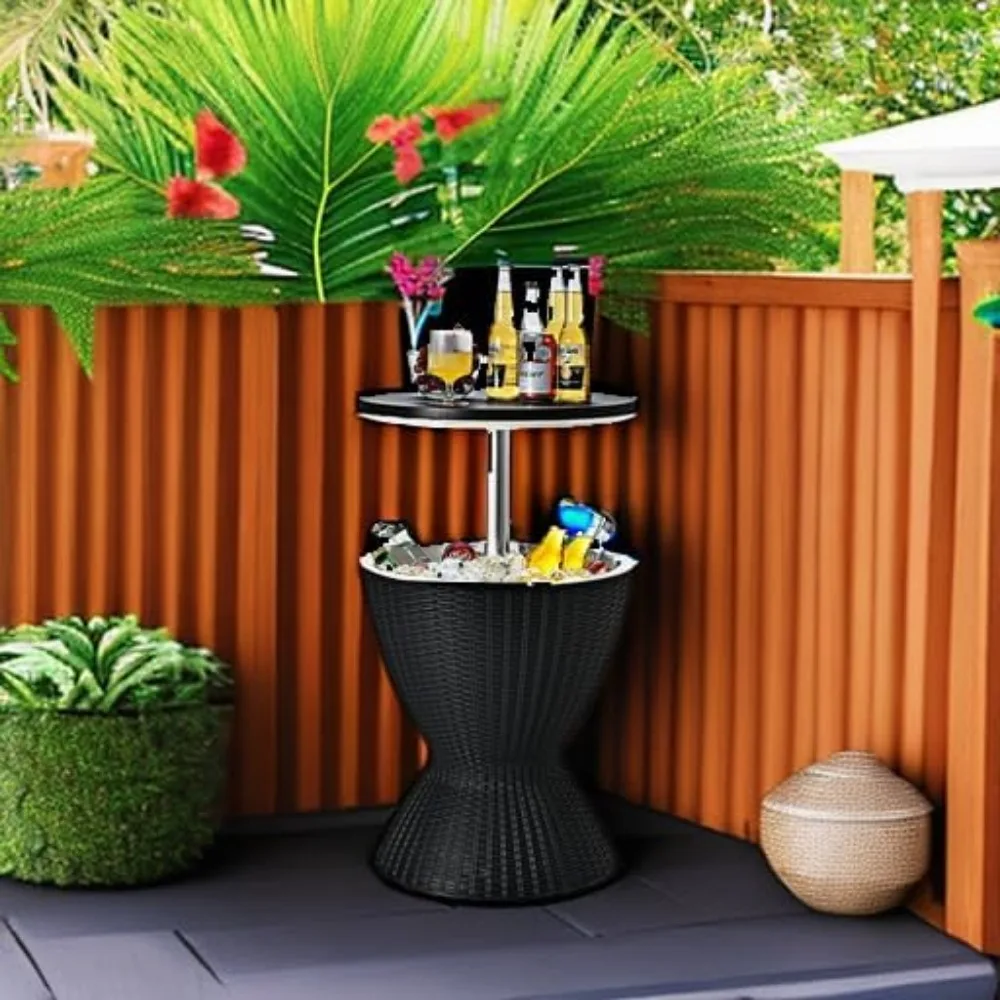 Cool Bar Table, 8 Gallon Beer and Wine Cooler, Rattan Style Outdoor Cocktail Patio Bar Tables, Height Adjustable, 3-in-1 Ice